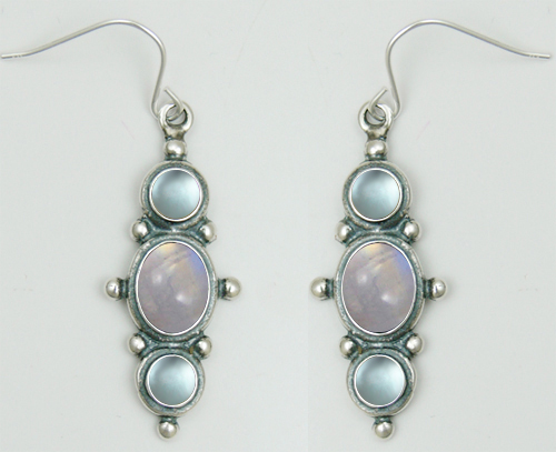 Sterling Silver Drop Dangle Earrings With Rainbow Moonstone And Blue Topaz